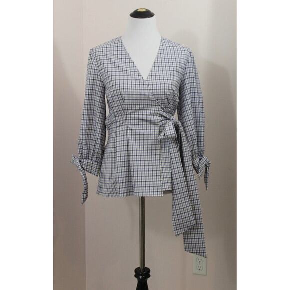 PEARL by LELA ROSE Sz XS Purple Check Plaid Wool Wrap Top Blouse - Picture 7 of 7